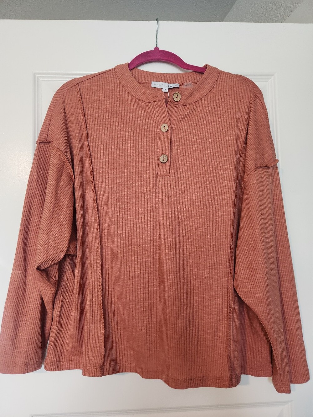 Baltic Born Ribbed Henley Top in Rust - Casual Long Sleeve. New with tags.